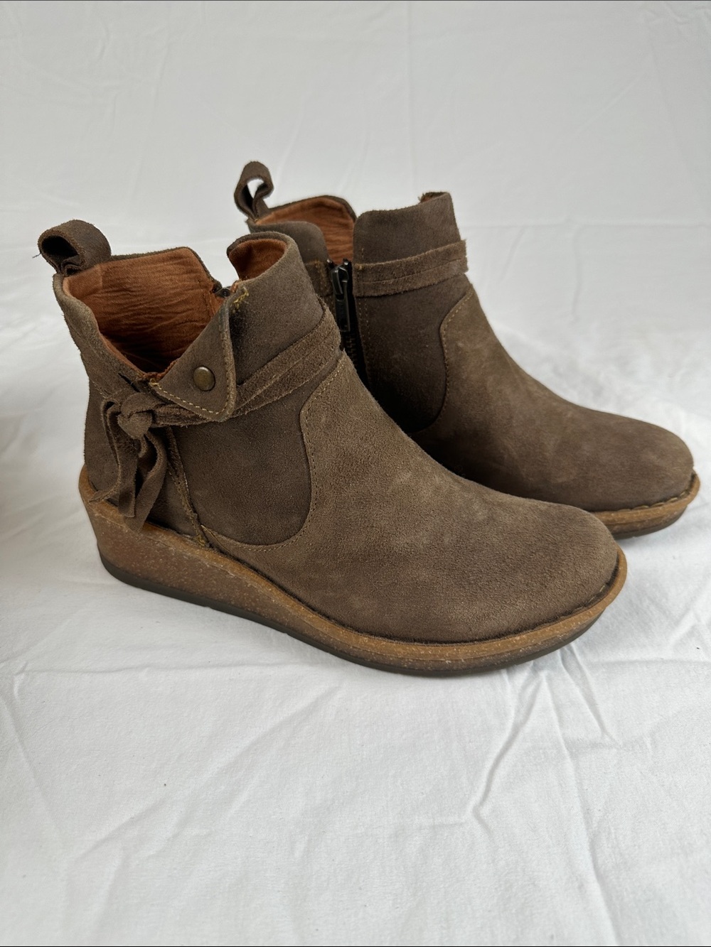 Born Vaughn Taupe Suede Ankle Booties with Tie Detail